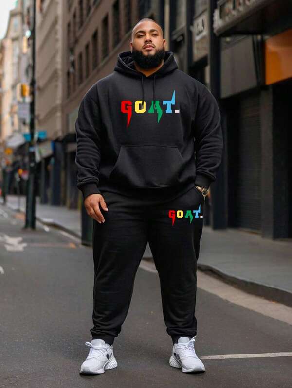 2pcs Plus Size Men's Fashion Simple English Graphic Casual Drawstring Pants With Pockets And Hooded Sweatshirt Set, Suitable For Spring, Autumn, Winter Outdoor, Streetwear, Daily Wear
