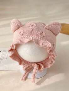 1pc Baby Ruffled Cute Rabbit Ear Knit Beanie, Warm & Soft, Autumn/Winter - Cat Ears - View 8