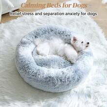 Calming Donut Fluffy Anti-Anxiety Round Washable Cute Plush Cozy Cuddler Warming Soft Comfort Pet Bed For Small To Medium Dogs And Cats, 20-Inch, Light Grey & White - Light Grey White - View 2