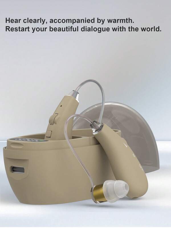 2 Stücke wiederaufladbare Hörgeräte-Kopfhörer für Menschen mittleren Alters und Senioren, mit Ladebox, Leistungsanzeige, Klangverstärker und Hilfs-Hörköpfhörer für linkes und rechtes Ohr.