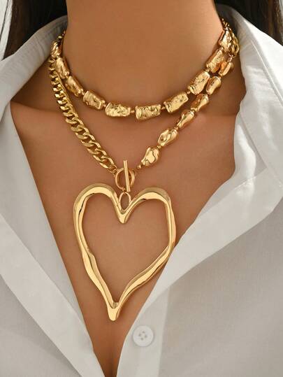 2 piezas Conjunto de joyería decorativa de collar con colgante de corazón de metal vintage exagerado y collar asimétrico de perlas falsas, para uso diario, playa, fiesta, regalo