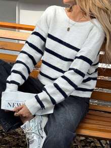 Suéter holgado de manga larga, sin espalda, de estilo informal y de vuelta al colegio con rayas, para mujer, de otoño e invierno de Just Masa