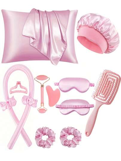 12 pièces Ensemble d'outils de coiffure pour le sommeil comprenant un fer à friser et un masseur facial, 1 taie d'oreiller, ensemble reine pour les cheveux et la peau, ensemble de fer à friser sans chaleur, fer à friser de nuit, 1 masque de sommeil, 1 bonnet de nuit en satin, outil de soin de la peau pour le visage des femmes, cheveux bouclés, bigoudis, fer à friser, boucles sans chaleur, boucles sans chaleur, bigoudis, bigoudis, boucles, bigoudis pour cheveux, outils pour cheveux bouclés, bigoudis, bigoudis, diffuseur de boucles, cheveux, voyage, produits capillaires, outils capillaires, accessoires capillaires, barbier, accessoires de barbier, salon de coiffure, équipement de coiffure
