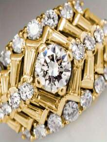 Bague large élégante et personnalisée, bande en cuivre incrusté de multiples zircone cubiques blancs. Style vintage lourd, convient pour le port quotidien, les fêtes et la bijouterie - Doré - Voir 3