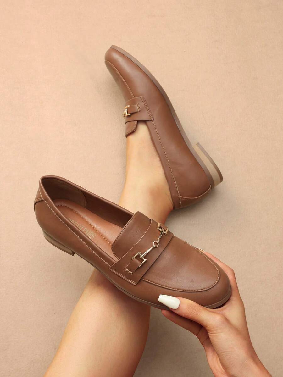 Women Loafers Flats Non-Slip Penny Loafers With Metal Detail Classic Vintage Commute Ladies Dress Shoes - 棕色 - 查看 1