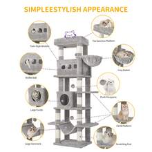 HEXCELEN Cat Tree For Indoor Cats, 170 Cm Large Tall Cat Tower, Multi-Level Cats House With Condo, 8 Scratching Posts, Hammock, 4 Pom Poms, Light Grey - 淺灰色 - 查看 3