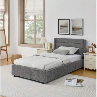Single Bed 90 X 200 Cm, Chenille Surface, With 2 Large Drawers For Storage, Ideal For Children's Rooms, Home Offices (As An Extra Bed) And Guest Rooms, Dark Grey (Without Mattress)