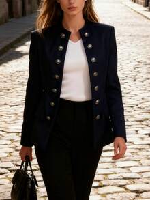 Elegant Double-Breasted Blazer For Women - Casual Work Jacket For Women. This Stylish Long-Sleeved Jacket In Black Polyester With Flap Pockets Is Perfect For The Office Or A Casual Chic Look. Work Jackets | Double-Breasted Jackets | Polyester Blazer - Màu xanh lam - Xem 5