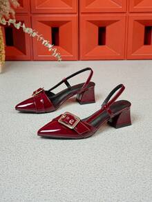 Dép lê Mule mũi nhọn kiểu Pháp thanh lịch mới, quai da sơn mài màu nâu đỏ, gót dày, dép sandal xỏ ngón gợi cảm đa năng cho tiệc tùng - Màu đỏ - Xem 2