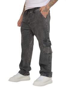 Men's Marbled Cargo Jeans Without Lycra, Drawstring Waist - Black - View 2
