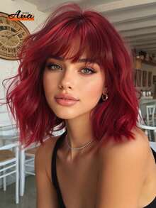 Topshe 14 Inch Red Medium-Long Wavy Curly Wig, Elegant Women's Halloween Accessory, Halloween Decoration, Heat-Resistant Synthetic Wig, Suitable For Daily Cosplay, Holiday Celebration Wear, Halloween Cosplay Gift, Gift For Friends - Red - View 12