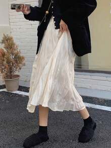 女式优雅纯色纹理松紧腰褶皱长裙 - 杏色 - 查看 2