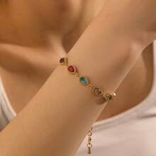 1 pieza Pulsera de mujer de acero inoxidable con cadena geométrica ovalada, en forma de lágrima y cuadrada, con piedras preciosas de colores incrustadas de manera micro