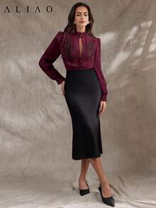 Aliao Spring/Summer Luxury 3D Floral Embroidery Ruffle Hem Blouse, Bohemian Style Business Casual Elegant Shirt For Wedding Party, Suitable For Valentine's Day, Wedding, New Year, Office, Outfit - Burgundy Vacation - Burgundy Red - View 4