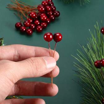 200pcs 0.47inch Artificial Wine Red Holly Berries Burgundy Foam Small Berries Fake Red Berries Decor On Wire For Christmas Decor DIY Craft Suitable For Flower Garlands Rattan Wedding Parties Photo Props Home Decor