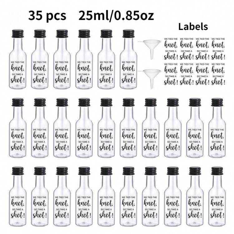35/3pcs Mini Wedding Wine Bottles, Reusable Plastic Beverage Bottles With Gold, Silver And Black Screw Caps, Comes With "We Got Married, Have A Drink!" Black Labels, Great For Wedding Party, Birthday Gift, Party Essentials, Anniversary, Camping, Outdoor Activities - Transparent - View 11