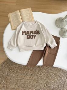 Set de 2 piezas de sudadera de manga larga con parche de letras y pantalones casuales para niño bebé, primavera/verano - Marrón - Ver 3