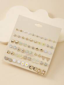 30 pares de pendientes de perla falsa de metal y resina con diseños de corazón, oso, rhinestone y margarita. Conjunto de pendientes de moda casual para mujer