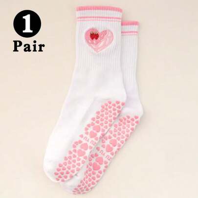 3/2/1 Calcetines transpirables y absorbentes de sudor con patrón bordado de pastel de fresa doble, adecuados para pilates, yoga y otras actividades de ocio