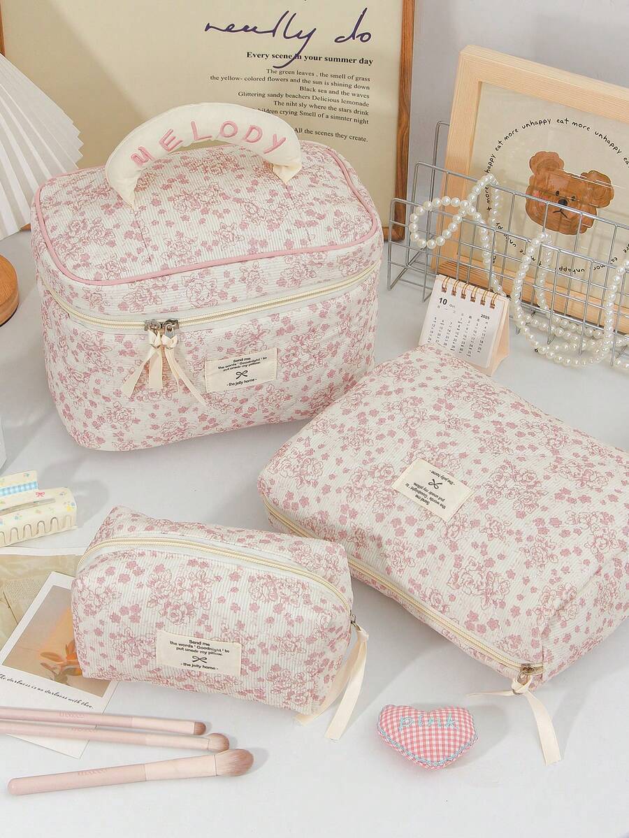 Pink Flower Pattern Cosmetics Storage Bag Soft Corduroy Makeup Bag Set Foam Quilted Home Items Storage Bag Large Capacity Travel Cosmetics Bag Set Retro Floral Print Makeup Handbag Portable Handheld Toiletry Bag Vintage Style Skincare Storage Bag Practical Makeup Brushes Organizer Bag - Pink - View 1