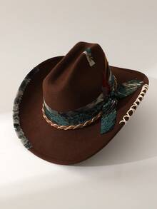 1pc Women's Fashion Solid Color Brimmed Hat, Vintage Wide Belt & Scarf Decor, Minimalist Feather Accent, Hand-Embroidered Tie Decor, Wide Brim Flattering Fit Unisex Versatile Style