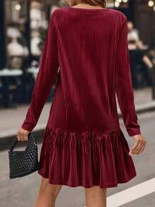 Women's Elegant Ruched Long Sleeve Knee-Length Dress With Ruffle Hem - Burgundy - View 4