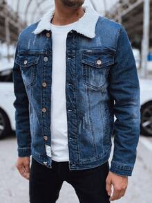 男士牛仔夾克，採用柔軟的人造毛皮保暖，經典剪裁，配有口袋和紐帶開合，時尚的秋冬季設計，舒適的牛仔夾克，適合日常造型，溫暖耐用，非常適合寒冷的日子 - 寶藍色 - 查看 1