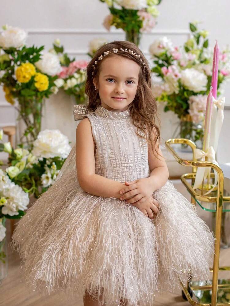 Robe de princesse élégante sans manches pour fête de Noël avec nœud couleur champagne. Robe de soirée formelle pour filles, convient pour anniversaire, bal de promo, mariage, Thanksgiving, remise de diplôme - Champagne - Voir 8