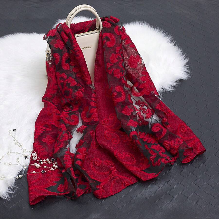 New Organza Lace Patchwork Scarf Women, Floral Paisley Sheer Shawl, Lightweight Embroidered Mesh Silk Scarf Elegant Daily Wear - 樹葉-玫紅 - 查看 1