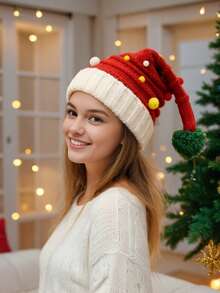 成人和儿童圣诞帽，红色针织帽配绒球，男女通用圣诞节节日帽，适合成人和儿童圣诞派对 - 彩色 - 查看 8