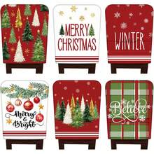 6PCS Merry Christmas Green Christmas Tree Christmas Baubles Green And Red Striped Plaid Red And White Chair Cover Set, Made Of Linen Polyester Material, Detachable And Easy To Clean, Suitable For Christmas Home Kitchen Dining Table Chair Decoration Protective Covers - Red - View 8