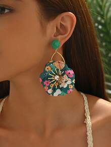 1 Pair Bohemian Style Dark Green Rattan Fabric Flower Tassel Earrings, Elegant Beach Vacation Vibe Unique Luxury Earrings, Sweet Floral Tassel Earrings Suitable For Women Beach Travel And Daily Wear