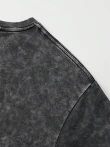 Shwiy Conjunto de 2 piezas de camiseta de manga corta y pantalones cortos con cordón en negro lavado vintage para hombres, outfit de moda minimalista, apto para uso diario en primavera y verano, camiseta con estampado gráfico de anime/manga, regalo ideal para otakus