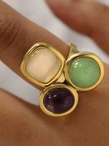 1 pieza Anillo de piedra tricolor asimétrico, diseño minimalista de acero inoxidable chapado en oro de 18K