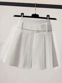 秋冬新款灯芯绒高腰百褶迷你裙-配腰带 - 白色 - 查看 6