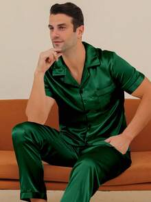 两件套男士睡衣套装（带开扣上衣和裤子） - 綠色 - 查看 5