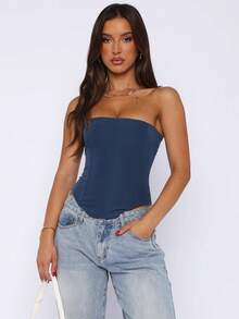 Women Bustier Corset Top Y2k Strapless Tie Back Boned Overbust Tube Crop Tops Going Out Club Shapewear - 藍色 - 查看 3