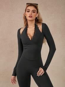NcmRyu 1pc Round Neck Wide Leg Straight Shaping Lifting Long Sleeve Jumpsuit - màu đen - Xem 10