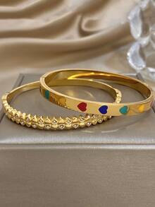 优雅简约心形手镯 金色细手镯 女士可叠戴不锈钢手镯 万圣节圣诞节派对套装 珠宝礼品