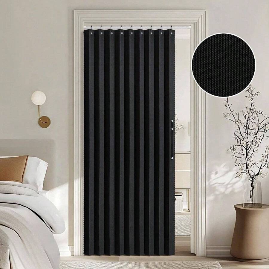 Accordion Style Folding Door Curtains DoorwaysCloset, Room Divider Pleated Drapes With Hooks Interior Living RoomBedroomOpen Closet, Black, W39x L78 Inches, 1 Panel - 39"W X 78"L (Pack Of 1) + Black - View 1