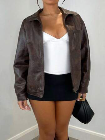 Chaqueta de bolsillo de unicolor de PU vintage, informal para otoño/invierno, talla grande