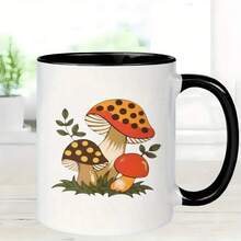 1pc 11oz Ceramic Coffee Mug With Vibrant Red & Brown Mushroom Design, Green Leaves & Leaves - Reusable, Hand Wash Only, Perfect For Hot Or Cold Drinks, Coffee Bar Accessories - White Mug - View 4