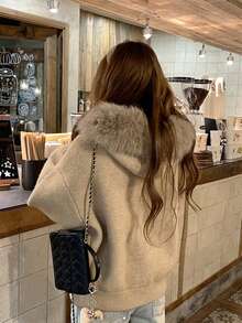 韩版高端蓬松领连帽针织开衫女宽松休闲外套秋冬 - 卡其色 - 查看 3