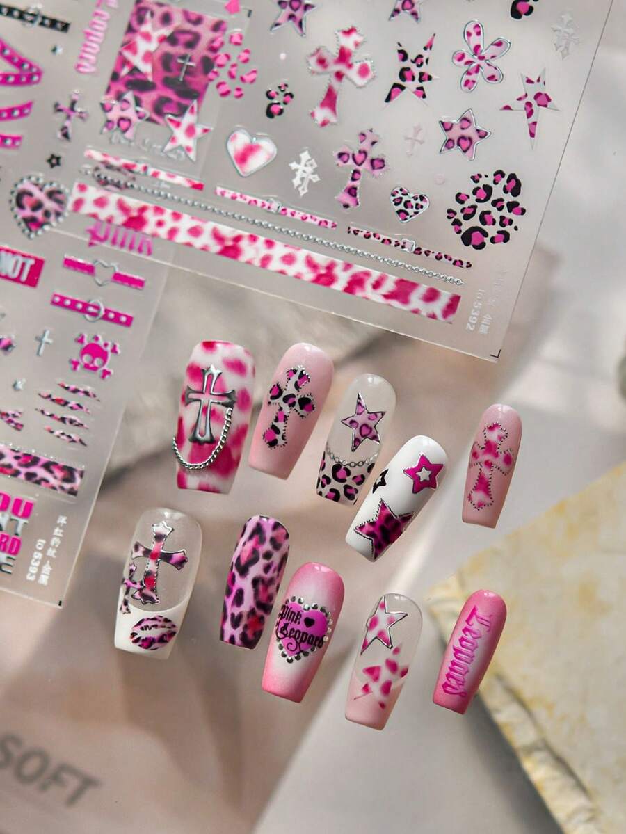 1pc Luxury Crystal Rhinestone Nail Art Sticker, Japanese Style Cross Nail Sticker, DIY Nail Accessory Sticker, Nail Decoration Sticker Nails Nail Supplies Nail Stickers - Pink - View 1