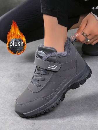 女式登山靴，灰色户外靴，冬季保暖内衬皮革踝靴，户外运动鞋，女式防水登山鞋，防滑徒步登山鞋，厚底靴，防水靴