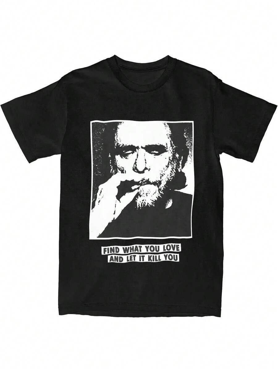 [Machine Washable] Men's Charles Bukowski Graphic T-Shirt - "If What You Love Kills You" Quote & Black & White Photo Print, Casual Streetwear Short Sleeve Round Neck Tee, Breathable Polyester Blend, Wrinkle-Resistant & Machine Washable, All-Season Comfort For Casual Attire - Black - View 1