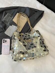 1 件女士亮片休闲通勤托特包，时尚个性单肩包，购物约会手提包，2025 新款精致晚宴包，适合日常工作、学校、购物中心、旅行 - 金色 - 查看 4