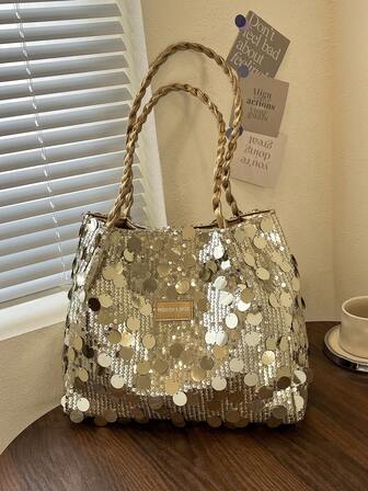 1pc Women's Sequin Casual Commuter Tote Bag, Fashion Personalized Shoulder Bag, Shopping Date Handbag, 2025 New Exquisite Evening Bag, Suitable For Daily Work, School, Shopping Mall, Travel