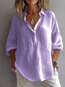 Women's Plus Shirt Solid Color Daily Casual Long Sleeve Bishop Sleeve Shirt Collar Regular Tops Daily Patchwork Buttons - Màu tím - Xem 10