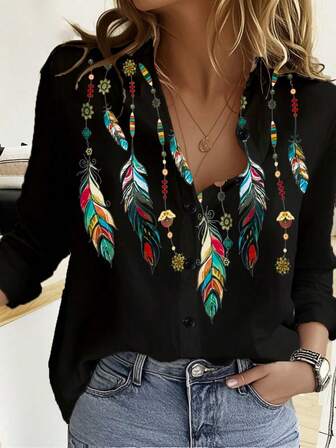 女士时尚新款单排扣长袖印花衬衫